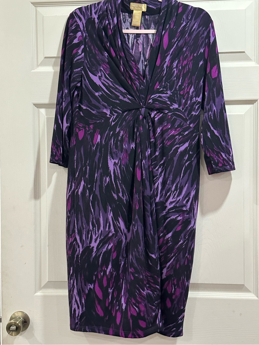Miss Tina Black and Purple Abstract Twist-Front Long Sleeve Dress